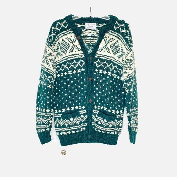 Vintage Joseph Anthony Collection Handknitted Wool Cardigan Sweater Green Cream - Picture 5 of 12